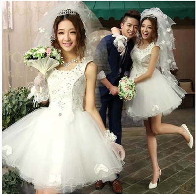 2014新款 新娘韩版短款婚纱礼服 一字肩婚纱可爱孕妇夏季婚纱