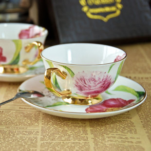 三色花金边高档韩式骨瓷器咖啡杯配碟勺英式红茶杯子情人节套装