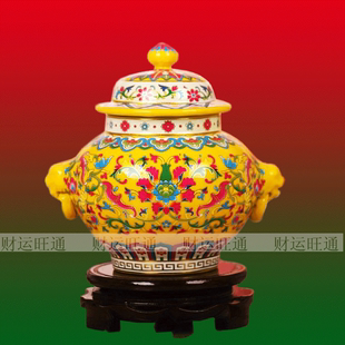 景德镇陶瓷器，珐琅彩黄釉观音莲花茶叶罐，将军罐，皇家气派摆件