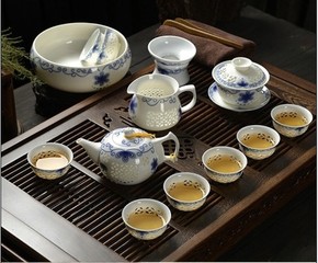 包邮整套青花玲珑瓷茶杯 茶壶盖碗茶洗功夫茶具水晶镂空陶瓷套装