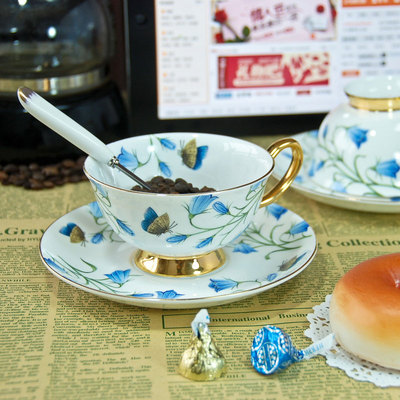 白色蓝花金边韩式田园骨瓷器高档咖啡杯子带碟配勺可爱花茶水杯