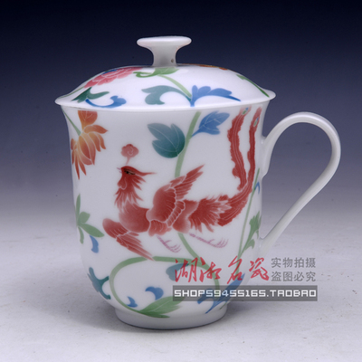 醴陵瓷器釉下五彩红官窑全手工陶瓷茶具陶瓷茶杯带盖600ML