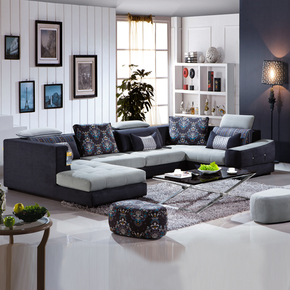 深蓝色时尚休闲布艺沙发客厅U型组合布艺沙发