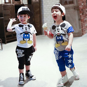 2015夏装韩版潮男童短袖T恤米奇两件套装儿童2-3-4-5-7夏款衣服