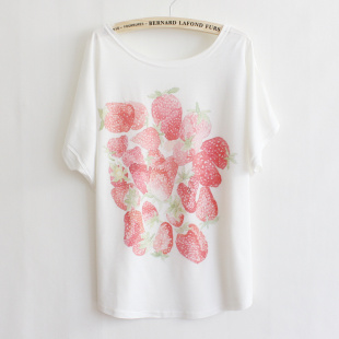 新款 森林系 小清新 圆领韩版草莓图案大码宽松女t恤 短袖 夏装