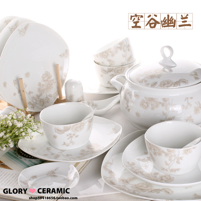 声如謦陶瓷 空谷幽兰 景德镇56头方形韩式高档骨瓷餐具套装 包邮