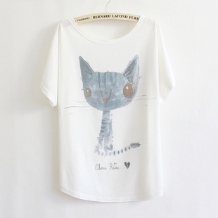 新款韩版森林系可爱猫咪蝙蝠衫宽松显瘦短袖女t恤大码夏装小清新