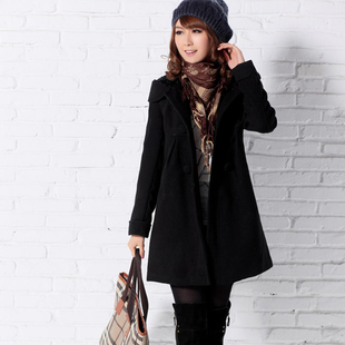 2014秋冬装新款韩版时尚长袖中长款甜美可爱加绒毛呢大衣外套女装