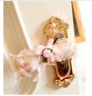 田园长形门把手套 长条形房间门把手套 布艺蕾丝 粉色玫瑰门把套