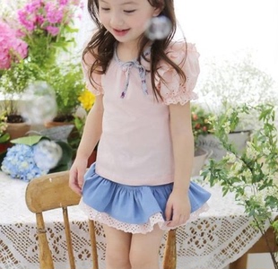 韩国童装女童2015夏装新款 百搭纯色T恤+蝴蝶结短裙套装