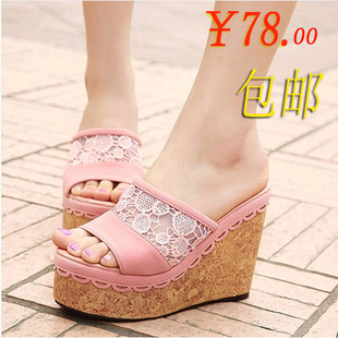 2014夏季新款韩版凉拖鞋蕾丝花边松糕坡跟一字拖厚底高跟女拖鞋子