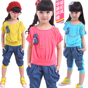 2014新款日韩版小兔项链中童 小童短袖+7分裤两件套 女童运动套装