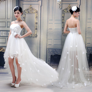 2015 最新款韩版蕾丝显瘦褶皱拖尾新娘抹胸伴娘敬酒礼服短款婚纱