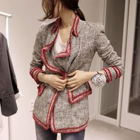 韩国代购正品14春夏斜纹软呢西服可做披风红色镶边外套夹克黑色