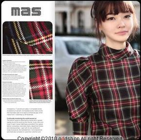 MAS韩国进口 优雅复古泡泡包袖立领格纹英格兰格子中袖圆领衬衫