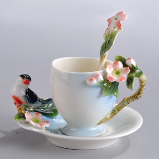 珐琅瓷 樱花鸟陶瓷咖啡杯碟器具水杯茶杯情侣杯 欧式创意超值杯子