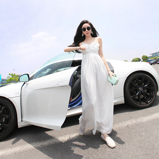 2015夏波西米亚吊带气质长裙白色海边度假裙韩版雪纺沙滩裙超仙潮