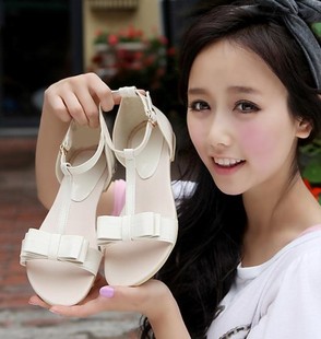 2015新款凉鞋平跟少女中学生韩版平底女鞋子罗马小清新夏季米白色