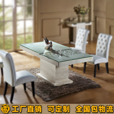 天然洞石现代 长方形餐桌餐台 欧式大理石白色雕花饭桌家具包物流