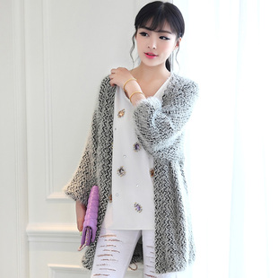 2014女装秋装新款韩版中长款开衫针织衫女外套简约披肩九分袖毛衣