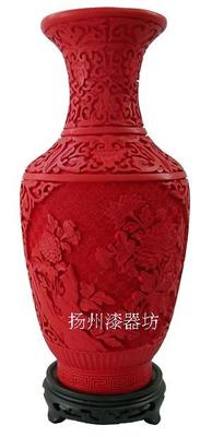 扬州漆器花瓶红雕漆12寸<花开富贵>生日家居办公商务工艺礼品包邮