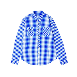 SHIRT男装秋季纯棉修身英伦风格简约双贴兜蓝色格子拼接衬衫衬衣