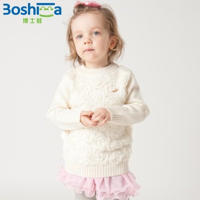 博士蛙新款正品童装小女童羊毛花朵拼接半高领毛衫毛衣BMA493091g