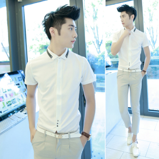 春夏季新款男式短袖英伦纯色休闲男士衬衫韩版修身纯白色亮面上衣