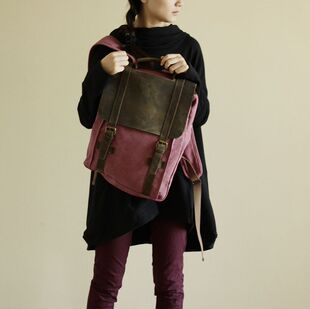 牛皮帆布双肩包韩版电脑包学生书包原创设计复古旅行潮背包女