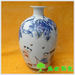 景德镇陶瓷器花瓶 手绘紫气东来童趣瓷瓶 名人名家作品收藏证书