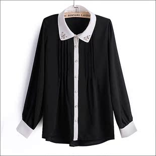 2012冬季 韩版新款女装长袖襄珠衬衫 职业休闲黑白款式雪纺衬衫