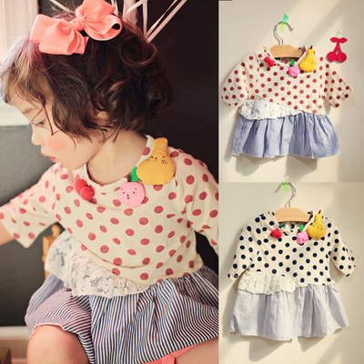 2014春新款韩国童装 可爱立体水果软波点拼接儿童短袖T恤小童上衣