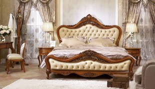 美式床  欧式 实木床真皮双人床 雕刻 床 软包 皮艺床 1.8米 婚床