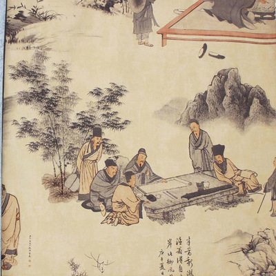 中式复古 诗词书法字画壁纸 茶馆茶道茶楼墙纸 下棋 山水 背景墙
