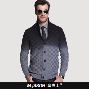 M.JASON秋冬新款羊毛衫 男士渐变色羊毛针织开衫厚款毛衣外套 男