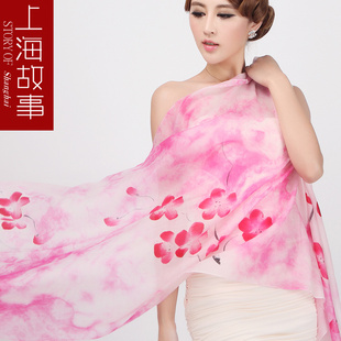 上海故事专柜正品奢华300支手绘羊绒围巾戒指绒保暖披肩女