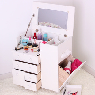 实木家具 日式多功能 化妆柜 梳妆台 白色储物盒 移动柜 带镜子