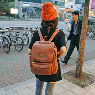 韩版铜扣转锁双肩背包 时尚休闲可爱学生书包少女包PU皮潮包