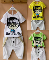 2015夏款童装韩版 男童短袖套装 宝宝背带裤套装 小孩衣服两件套