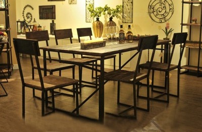 宜家 美式乡村实木铁艺做旧饭桌 铁艺复古餐桌椅 出口美国