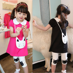 2015夏装新款玫红女童装韩版时尚卡通猫咪短袖套装儿童纯棉两件套