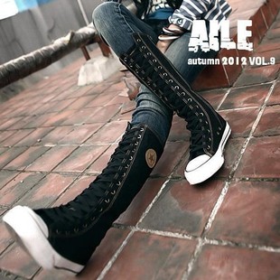 2014新款韩版高帮高筒帆布鞋男款厚底长靴子系带拉链骑士女生靴潮