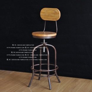 美式做旧酒吧椅复古实木吧椅吧凳旋转升降高架椅咖啡椅铁艺前台椅