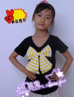 童装2016夏季新款韩版女童超可爱后V领大蝴蝶结短袖T恤两面穿上衣