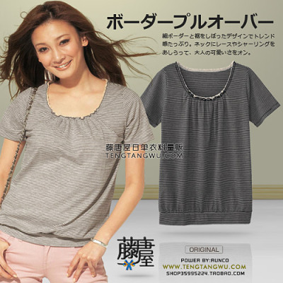 日本千系列 女装 夏季 涤棉 细条纹 窄肩 蕾丝圆领 短袖T恤 去标