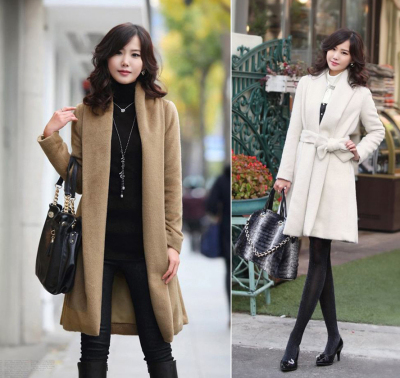 2014年韩国 羊绒加长宽松冬款大衣系带大衣 弥莎正品