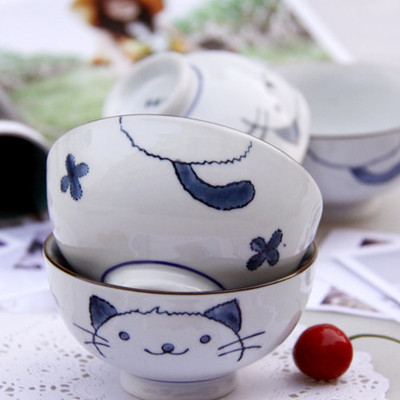 碗可爱卡通陶瓷餐具 日韩式手绘招财猫白米饭碗 汤碗餐具套装