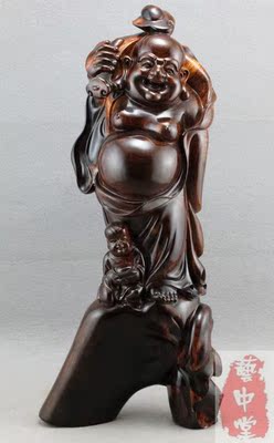 艺中堂正品热卖越南黄花梨木雕摆件工艺品如意弥勒红木文玩人物雕