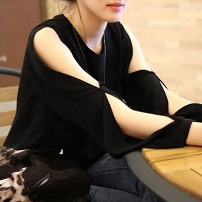 2014春装新品韩版修身时尚性感开袖一字领大码女式露肩雪纺衫上衣