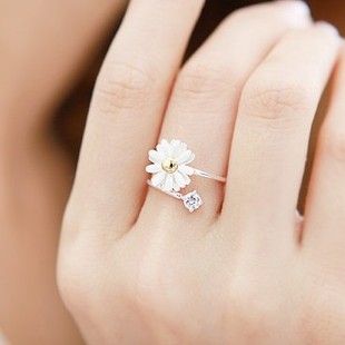 韩版可爱甜美清新食指白色雏菊花朵戒指指环开口可调女款韩国饰品